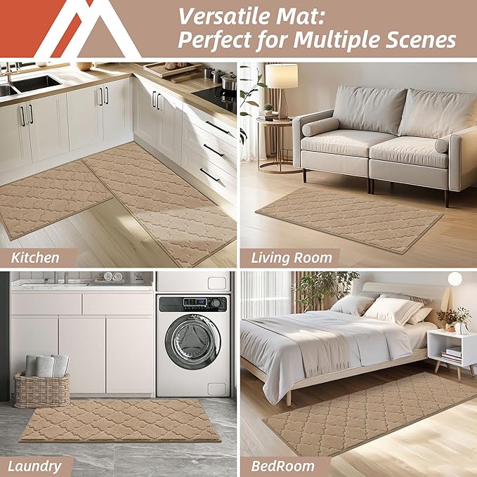 COSY HOMEER-Kitchen-Rugs 20"x48" Non-Slip Absorbent Soft Kitchen Runner Rug Polyester Kitchen Mats for Floor Washable Kitchens Standing Floor Mat for Sink Mat,Hallway,Laundry, Beige