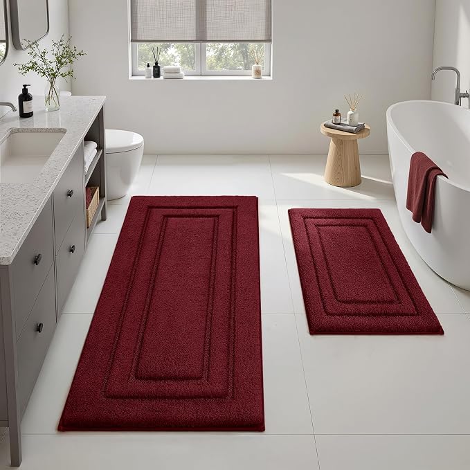 HOMEIDEAS Bathroom Rugs Sets 2 Piece, Super Soft and Absorbent Non Slip Microfiber Machine Washable Bath Mat Set (20" x 47" + 16" x 24", Burgundy Red)