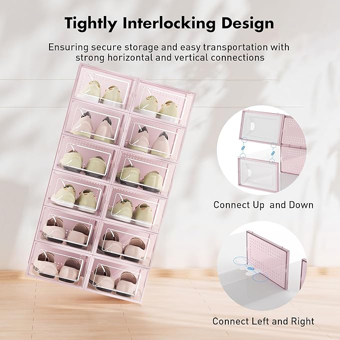 Foluck Shoe Storage Box, 15 Pack Clear Plastic Stackable Organizer for Closet, Interlocking Design Shoes Container Bins for Sneakers, Foldable Shoe Rack with Lids, Pink