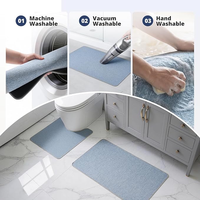 Bathroom Rugs Sets 2 Piece, Thin Bath Mat & U-Shaped Contour Toilet Rug Absorbent Quick Dry, Machine Washable, Non Slip Low Pile Bath Mats for Bathroom/Tub/Sink/Shower (30"x20" Plus 24"x20" U, Blue)