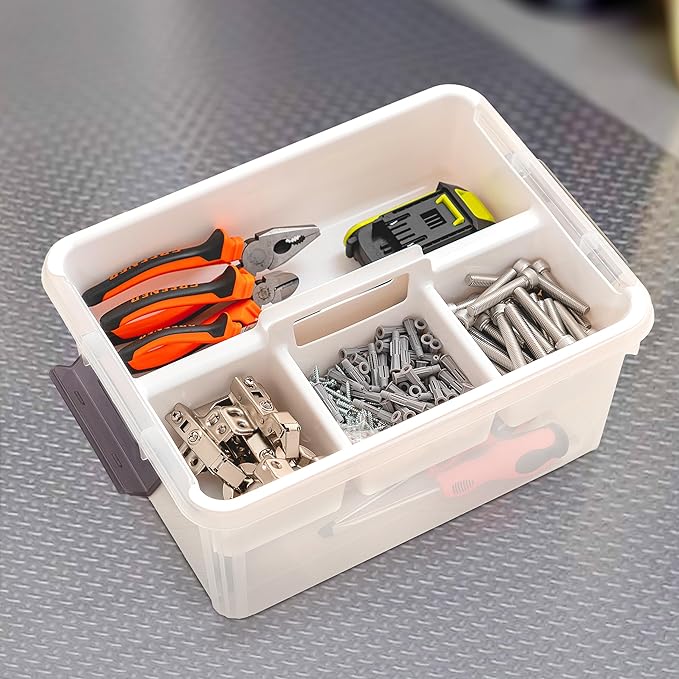 Citylife 17 QT Plastic Storage Bins Clear Storage Box with Removable Tray Stackable Latching Box with Handle for Organizing Tool, Craft, Office, Bead