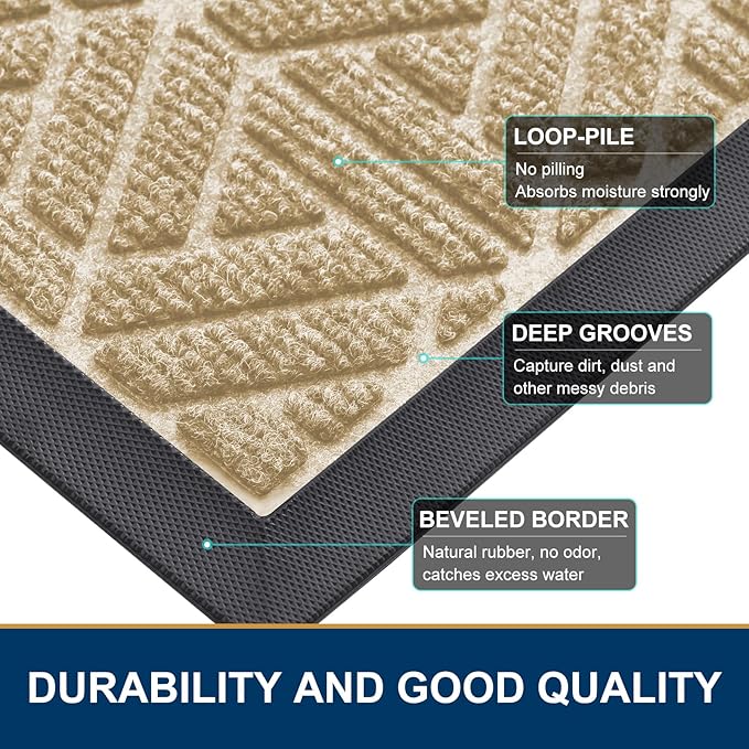 Smiry Front Door Mat Outside Entrance, Heavy Duty Sturdy Natural Rubber Doormat, Trap Dirt and Moisture, Easy Clean Low Profile Mats for Indoor Outdoor Entry, Grid Geometric (59x23, Beige)