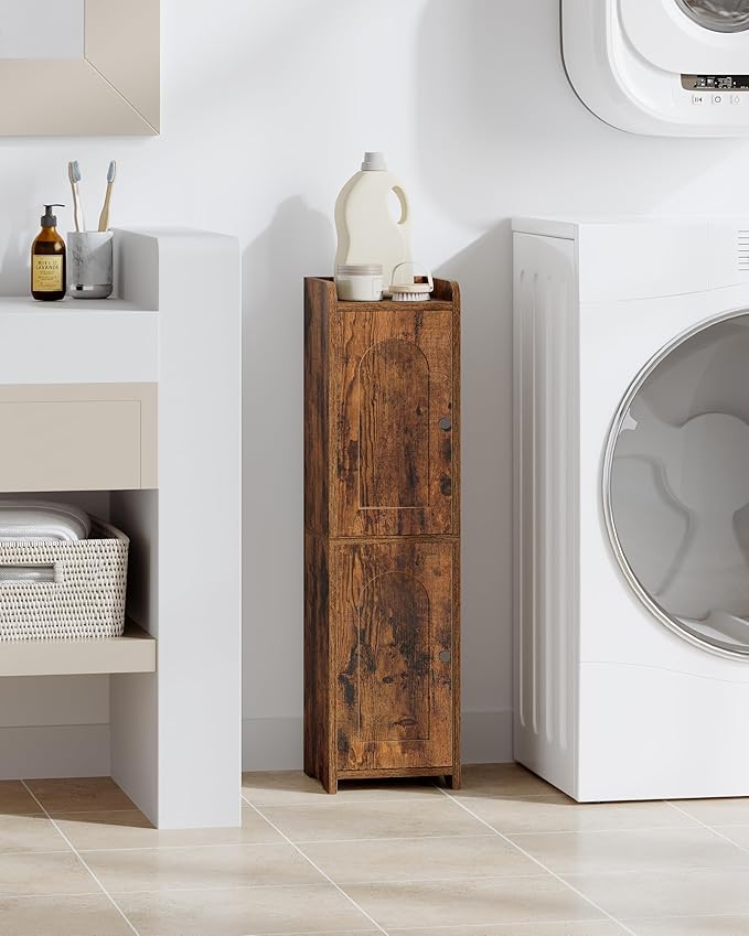 Hzuaneri Bathroom Storage Cabinet, Small Corner Floor Cabinet with 2 Doors and Adjustable Shelf, Narrow Toilet Paper Cabinets, Bathroom Organizer for Small Spaces, 7.9"D x 7.9"W x 29.5"H Rustic Brown