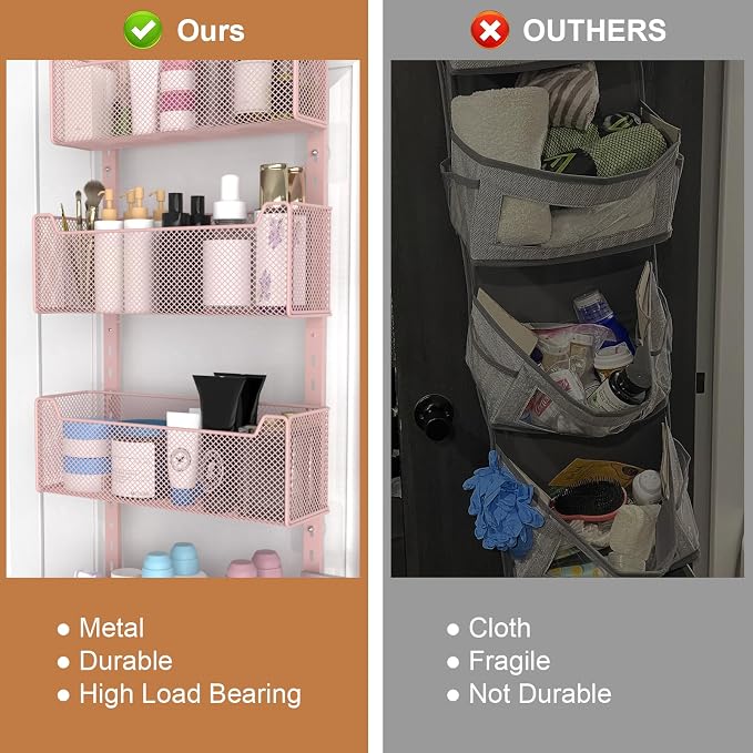 VyGrow Over The Door Organizer, Metal Door Organizer Hanging with 5 Adjustable Baskets and Coat Hook, Behind The Door Storage for Bedroom Closet Bathroom Pantry Cabinet Kitchen, Pink