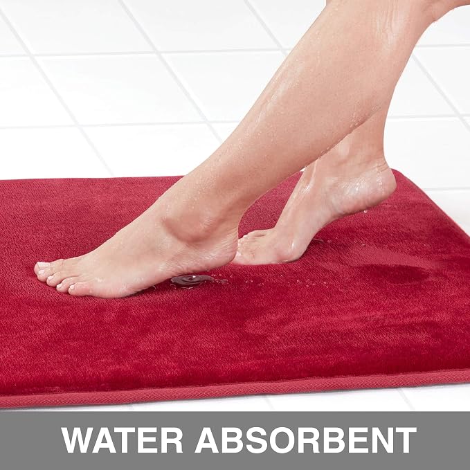 Memory Foam Bath Mat Non Slip Absorbent Super Cozy Velvet Bathroom Rug Carpet (22 inches X 42 inches, Red)