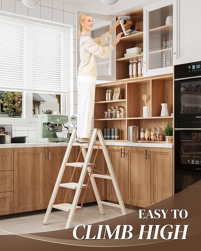 4 Step Ladder, Folding Step Stool with Wider Pedal, Anti-Slip Feet & Non Slip Stripes, Aluminum Sturdy Material, 300Lbs Capacity, Elegant Look of Cream Chocolate Better Matches Your Home