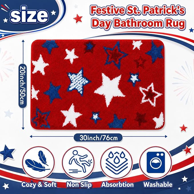 Capoda 1 Pcs Patriotic Bathroom Rug 20 x 30 Inch 4th of July Star Bath Mat Non-Slip Soft Microfiber 4th of July Shower Rug for Independence Day Home Kitchen Bathroom Entrance Decor(Star, Red Blue)