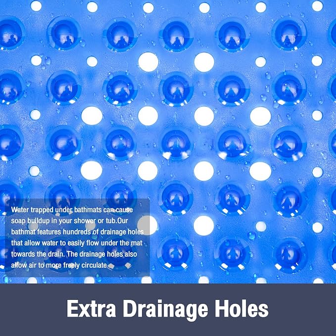 Extra Long Bathtub Mat Non Slip, Clear Navy Blue Soft Bath Mat for Tub 40 x 16 Inch Full Size, Long Shower Mats for Bathroom Floor, Big Suction Cups and Drain Holes, Easy Washable, BPA Free