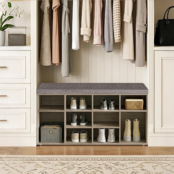 DINZI LVJ Shoe Bench, 12 Cubbies Shoe Organizer for Entryway, Storage Bench with Cushion, Cubby Shoe Rack with Adjustable Shelves for Living Room, Bedroom, Mudroom, Hallway, Gray Wash