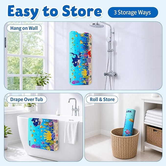 XIYUNTE Baby Bath Mat for Tub Non Slip Kids Bath Mat - 40''x16'' Extra Long Cartoon Bathtub Mat Non Slip Kids Shower Mat Eco-Friendly Toddler Bath Mats with Suction Cups, Machine Washable, Shark