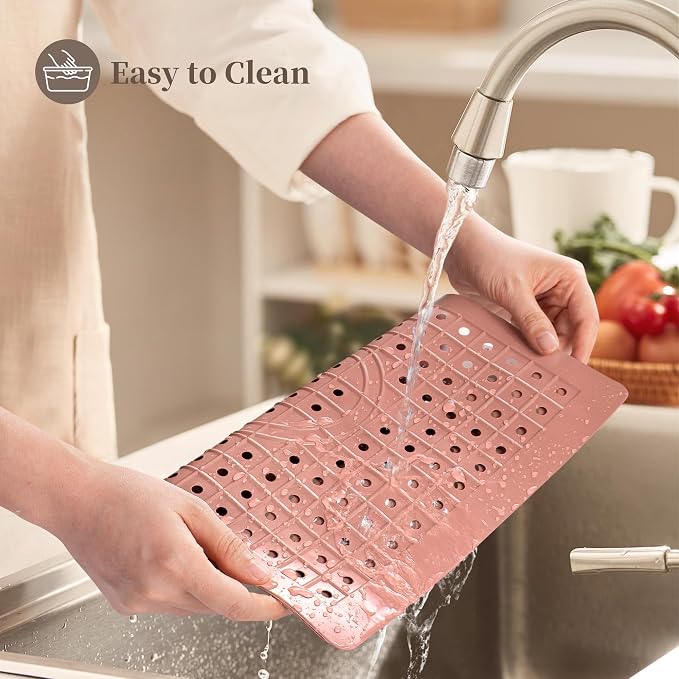 WILLKOMMEN Kitchen Sink Mat, 12" x 10" Rectangular Sink Protector Pad, Fast-Draining Grid Design Liner, Dish Drying Mat , 2 Pack Pink