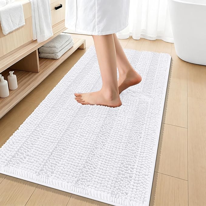 OLANLY Thick Bathroom Runner Rugs 47x20, Extra Absorbent Chenille Striped Bath Rugs, Rubber Backing, Machine Wash Dry, Long Bath Mats for Bathroom Floor, Tub and Shower, Home Decor Accessories, White