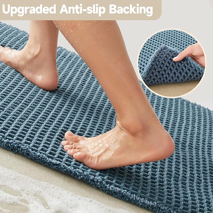 TYUU Waffle Runner Rug Bathroom, Long Boho Bathroom Rugs Non Slip Washable Super Absorbent Quick Dry Farmhouse Bath Decor, 60"x24" Denim Blue