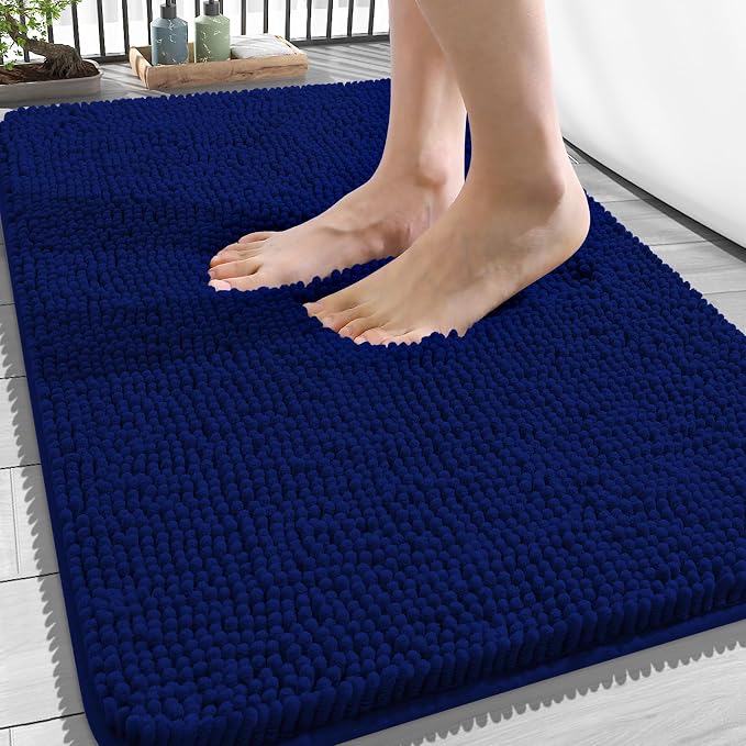 OLANLY Bathroom Rugs 34x21, Extra Soft Absorbent Chenille Bath Rugs, Rubber Backing Quick Dry, Machine Washable Bath Mats for Bathroom Floor, Tub and Shower, Home Decor Accessories, Navy