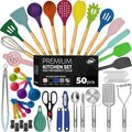 Kaluns 50 PCS Silicone Kitchen Utensils Set Complete Kitchen Set - 800°F Heat Resistant Non-Stick Premium Silicone Cooking Utensils W Wooden Handles - Can Opener, Masher, Turner, Silicone Spatula Set