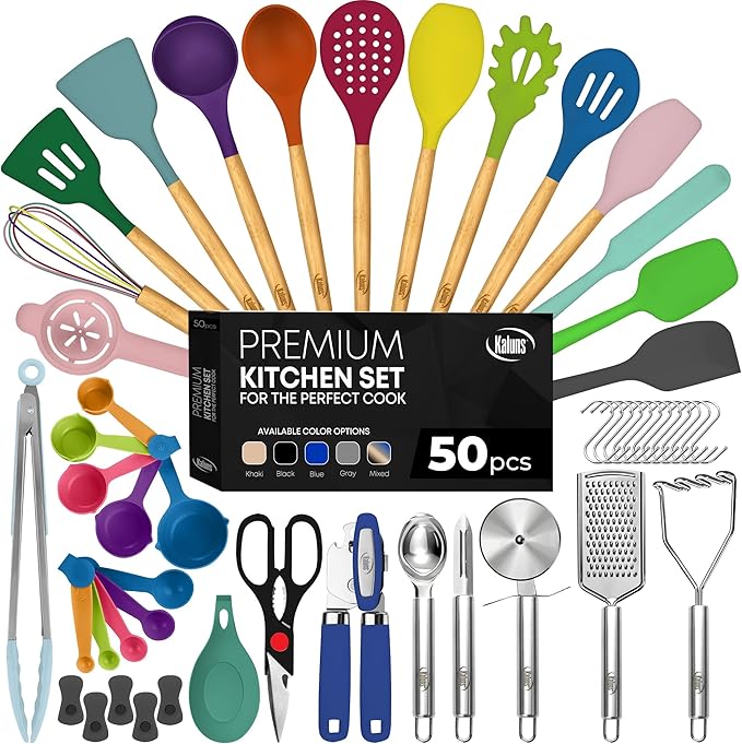 Kaluns 50 PCS Silicone Kitchen Utensils Set Complete Kitchen Set - 800°F Heat Resistant Non-Stick Premium Silicone Cooking Utensils W Wooden Handles - Can Opener, Masher, Turner, Silicone Spatula Set