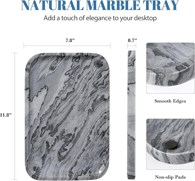 Koville Marble Tray, 12"x8" Natural Marble Vanity Tray for Countertop Bathroom Kitchen Dresser, Decorative Marble Catchall Trays for Perfume Jewelry(Grey)