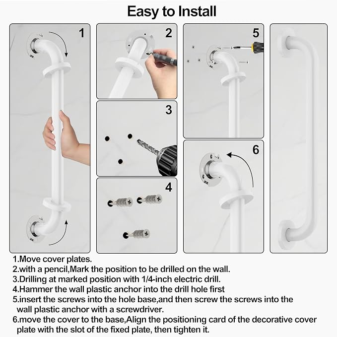 16 Inch Grab Bar 304 Stainless Steel Anti-Slip Bathroom Safety Handrail Wall Mount Assist Grip for Elderly Handicap Bathtub Shower Toilet, GB-4023-WH, White