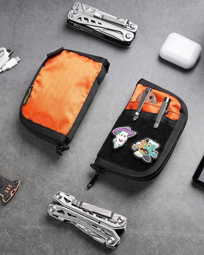 VIPERADE VE10 EDC Pouch Small Pocket Tool Pouch with 10 Compartments, Men's Pocket Organizer for Multitools, EDC Organizer with Patches Area for DIY (Black+Orange)