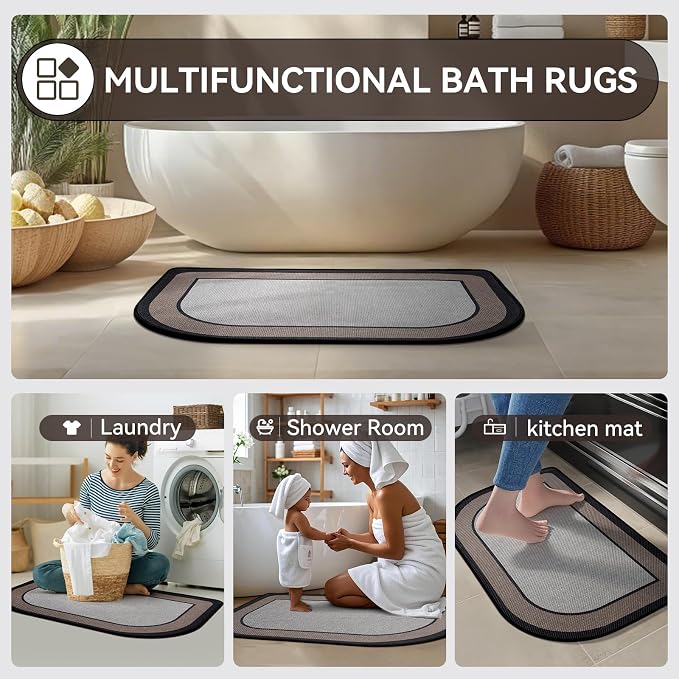 YDKGL Half Circle Bath Mat, Thin Bathroom Rugs Fit Under Door Quick Dry Non Slip Washable Bathroom Mat with Rubber Backing, Absorbent Half Round Shower Mat Rug,Gray Brown