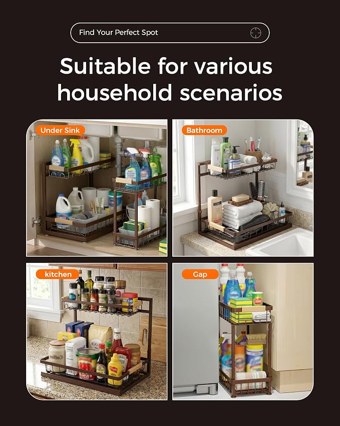 Sevenblue 3 Pack Under Sink Organizer, Height Adjustable 2 Tier Pull-Out Metal Under Kitchen Sink Organizer, Multi-Purpose Storage Shelves for Kitchen Bathroom Cabinet, Brown