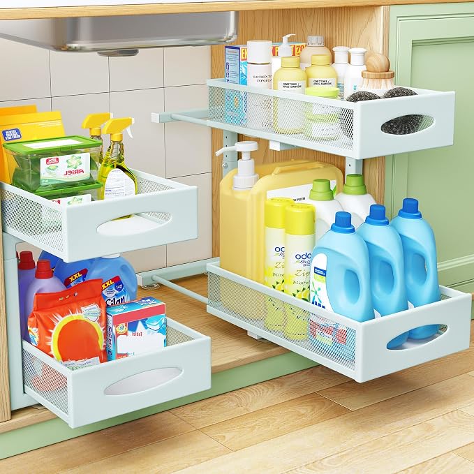 Under Sink Organizer, 2 Tier Pull out Cabinet Organizer Baskets with Mesh Sliding Drawers, Slide out Storage Shelf for Home, Kitchen, Bathroom, Pantry, Office Cabinet(1 Pack, Blue)