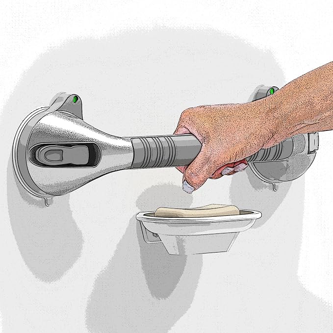 17“ Suction Shower Grab Bar with Indicators, Tool-Free Installation, Steady Handle for Balance Assist for Bathtub, Toilet, Bathroom, Dual Tone, Silver/Gray 2-Pack