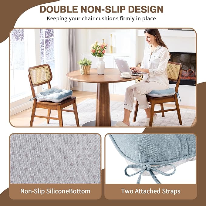 BETU Chair Cushions for Dining Chairs Set of 4,3.5" Thick Kitchen Table Chair Pads with Ties,Non Slip Backing and Covers, Seat Cushion for Dining Room,Bar,Patio Chairs,15.5"X15.5"X3.5",Smoky Blue