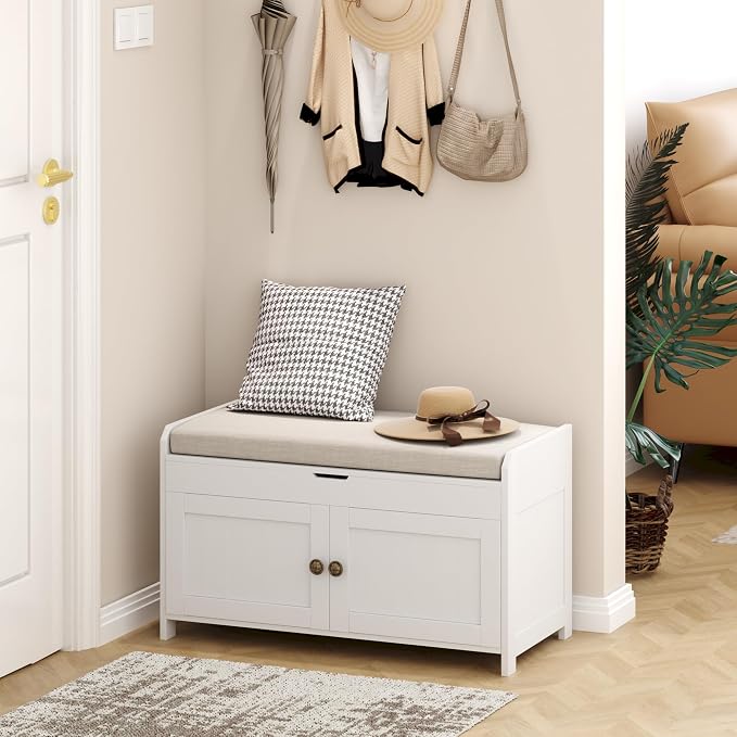 HOMEFORT 30" Shoe Bench with Lift Top Storage, Entryway Bench with Cushioned Seat, Wooden End of Bed Bench, Shoe Cabinet Bench with Hidden Storage Space, for Bedroom, Hallway,White
