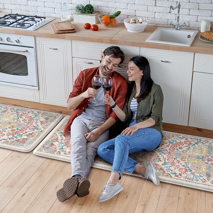 KIMODE Kitchen Mats for Floor, 17"x47"+17"x29" Boho Vintage Kitchen Rugs 2 PCS, Cushioned Anti Fatigue Mats for Kitchen Floor, Non-Slip Kitchen Floor Mats, Sink, Laundry, Office, Desk Pink