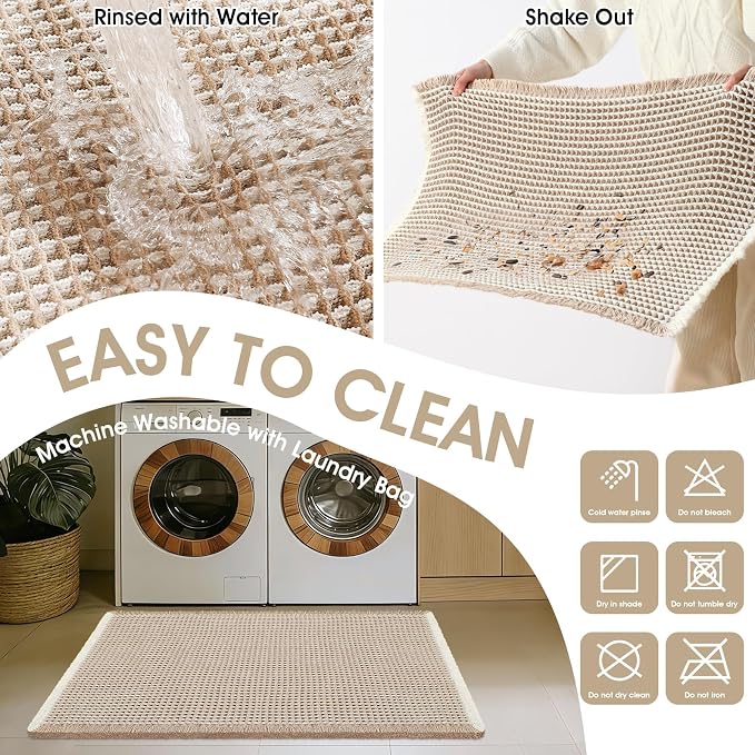 Waffle Bath Mat, Boho Woven Modern Bath Rug Absorbent Non Slip, Ultra Soft Bathroom Mats, Machine Washable Knit Bath Rugs with Rhombus for Bathroom, Bedroom, Kitchen, Shower, 32"x20", Beige & White
