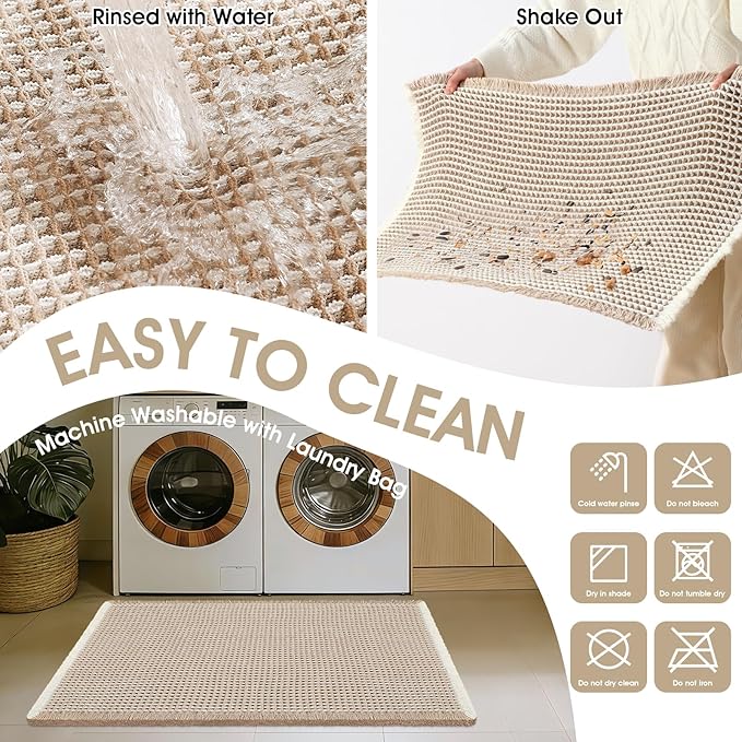 Waffle Bath Mat, Boho Woven Modern Bath Rug Absorbent Non Slip, Ultra Soft Bathroom Mats, Machine Washable Knit Bath Rugs with Rhombus for Bathroom, Bedroom, Kitchen, Shower, 36"x24", Beige & White
