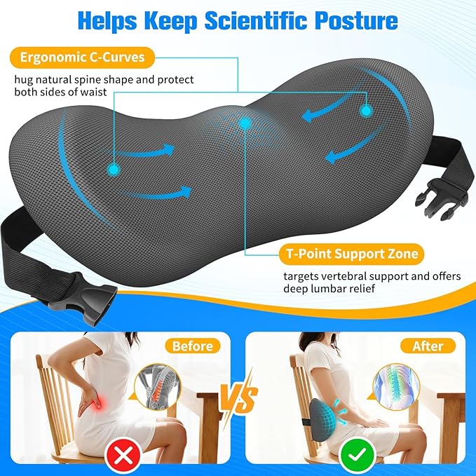 SweetSlubr Lumbar Support Pillow for Office Chair - Memory Foam Lumbar Pillow with Detachable Strap & Breathable Cover, Ergonomic Back Support for Office Chair, Car Seat Cushion, Bed Rest (Grey)