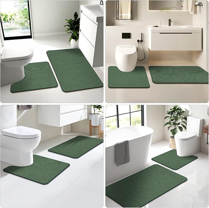 HOMTEB Toilet Rugs U Shaped Washable 24x20, Ultra Thin Toilet Rug Super Absorbent, Toilet Mat Rubber Backing Non-Slip, Toilet Mats Machine Washable Dry Quickly, Contour Bathroom Rugs for Toilet-Green