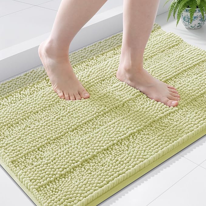 Grandaily Chenille Striped Bathroom Rugs 44x24, Extra Thick and Soft Absorbent Bath Mats, Rubber Backing, Plush Shaggy Shower Carpet, Machine Wash Dry, Bath Rug for Bathroom, Vanilla
