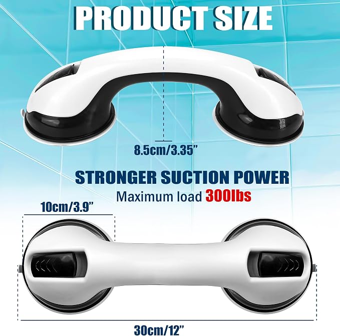 2 Pack Grab Bars 12 Inch for Bathtubs and Showers, Suction Cup Handle Support for Senior, Elderly Assist Strong Safety Armrest Grip Bar for Bathroom Chair Wall with Dual Locking, Anti-Slip Heavy Duty