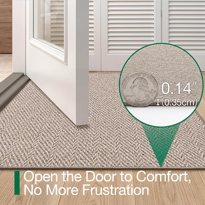 LUMI Ultra Thin Indoor Door Mat for Entrance 24"x36", Non Slip Entryway Mat, Low Profile Doormat, Unique Herringbone Design Carpet for Inside, Patio, Porch, Deep Beige