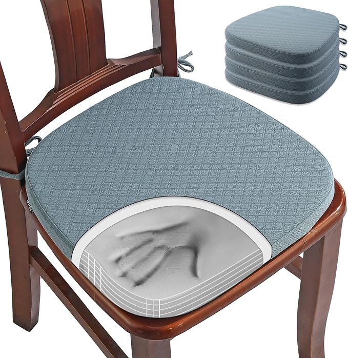 BUYUE Luxury 100% Pure Memory Foam Chair Cushions 4 Pack, Jacquard 16" U-Shape Comfortable Dining Chair Pads, Removable Slip Resistant Kitchen Chair Seat Cushions, (Set of 4, Sky Blue)
