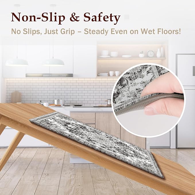 Boho Kitchen Mats for Floor 2 Piece Set Anti Fatigue Cushioned PVC Kitchen Rugs Non Slip Waterproof Farmhouse Mats 2/5 Inch Comfort Standing Mat for Sink, Laundry, 17.3"x59"+17.3"x28", Grey