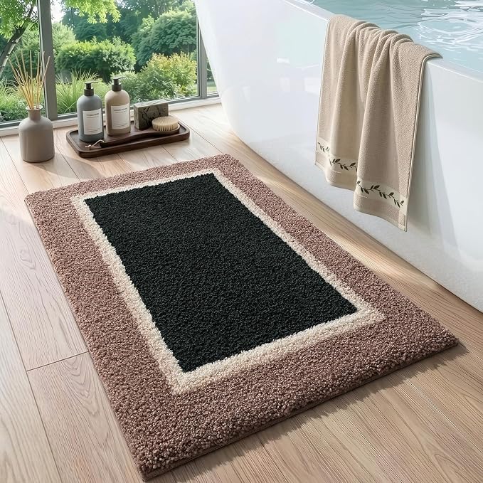 DEXI Bathroom Rugs 24x16, Absorbent Extra Soft Plush Microfiber Bath Mat for Bathroom, Non Slip Washable Bathmat Quick Dry for Shower Floor, Sink, Tub, Laundry Room, Brown and Green