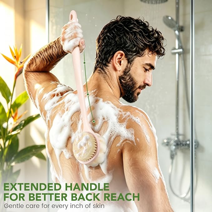 Back Scrubber for Shower, 15.7" Loofah with Handle, Back Shower Brush with Bristles and Loofah, Dry Brushing Body Brush for Cleanse Back and Hard to Reach Areas with Curved Long Handle, Pink