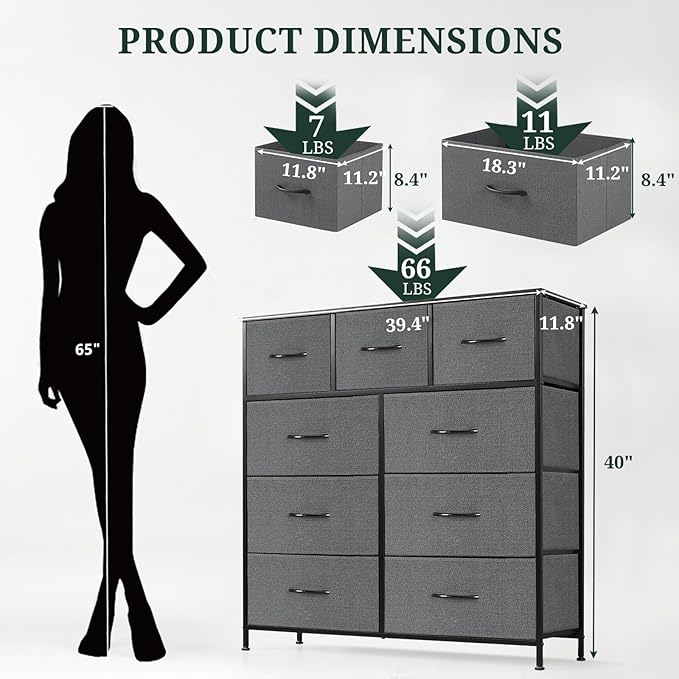 9-Drawer Dresser for Bedroom, Anti-Tip Tall Storage Organizer Chest of Drawers with Wooden Top and Metal Frame Fabric Bins for Closet, Living Room, Hallway, Entryway, Gray