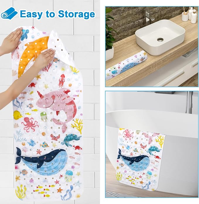 Topotdor Baby Bath Mat for Tub for Kids, 40 X 16 Inch Extra Long Toddler Bathtub Mat Non Slip, Machine Washable Bathroom Shower Floor Mat with Suction Cups & Drain Holes, Sea Animal
