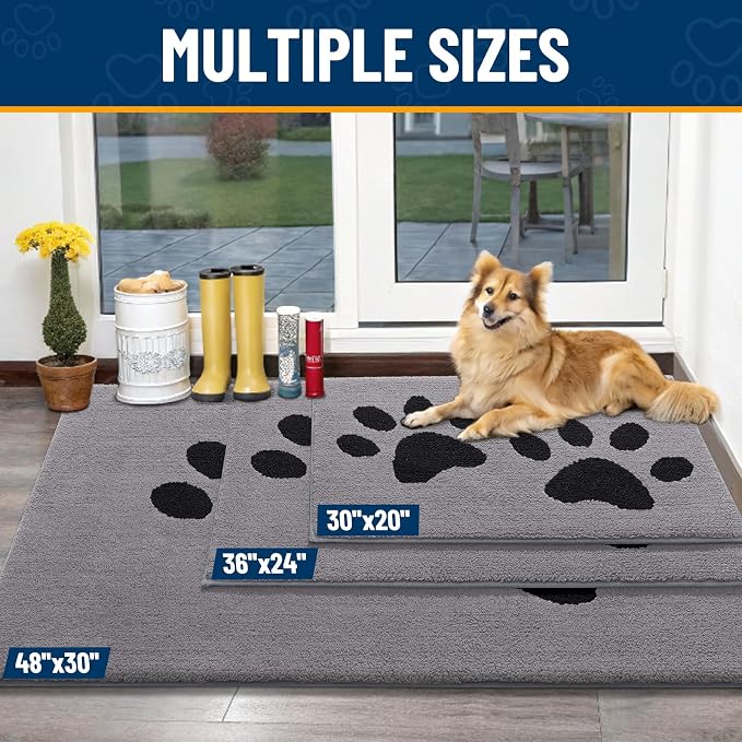 Smiry Dog Door Mat for Muddy Paws, Absorbs Moisture and Dirt, Low-Profile Entryway Mat with Non-Slip Backing, Entry Indoor Outdoor Doormat for Inside Floor (36x24 Inches, Grey, Paw)