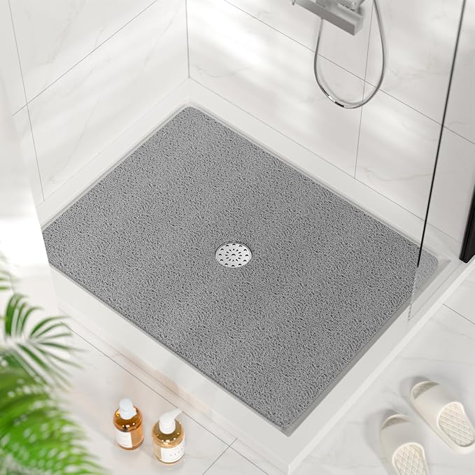 HITSLAM Shower Mat with Center Drain Hole, 32 x 24 Inch Non Slip Bath Mat for Textured Tub, Soft Loofah-Style Bathtub Mat Without Suction Cup, Quick Drying Stall Floor Mat, Bathroom Accessories, Grey