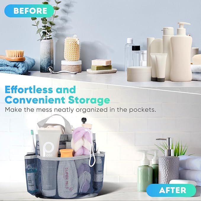 EUDELE Mesh Shower Caddy Portable for College Dorm Room Essentials, 8-Pocket Large Capacity Shower Bag for Beach, Swimming, Gym Pack