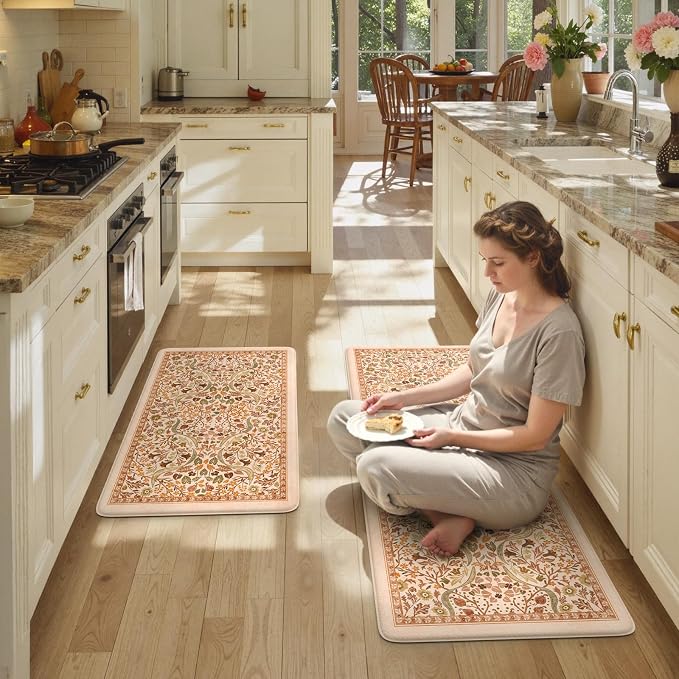 Collive Anti Fatigue Mats for Kitchen Floor, Orange Fall Floral Kitchens Rugs 2 Piece Cushioned Non Slip Carpet, Comfort Standing Mat Waterproof Sink Carpets for or Bedroom, Laundry, Home Decor