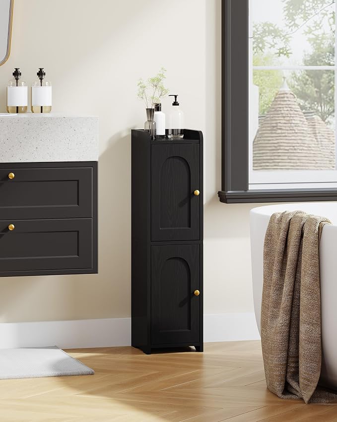 Hzuaneri Bathroom Storage Cabinet, Small Corner Floor Cabinet with 2 Doors and Adjustable Shelf, Narrow Toilet Paper Cabinets, Bathroom Organizer for Small Spaces, 7.9" D x 7.9" W x 29.5" H Black