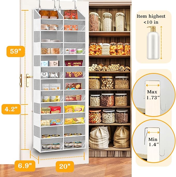 Over The Door Organizer 6 Tiers, Extra Large Behind Door Storage of 12 Compartments, 80 lbs Weight Capacity Hanging Storage Organizer with Clear Window Kids Toys,Shoes,Diapers,Room Storage,Light Grey
