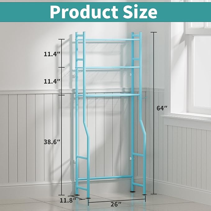 3-Tier Over The Toilet Storage Organizer, Space-Saving Bathroom Rack with Paper Holder & 4 Hooks, 64" Tall Freestanding Carbon Steel Shelf for Small Apartment Laundry Room (Blue)